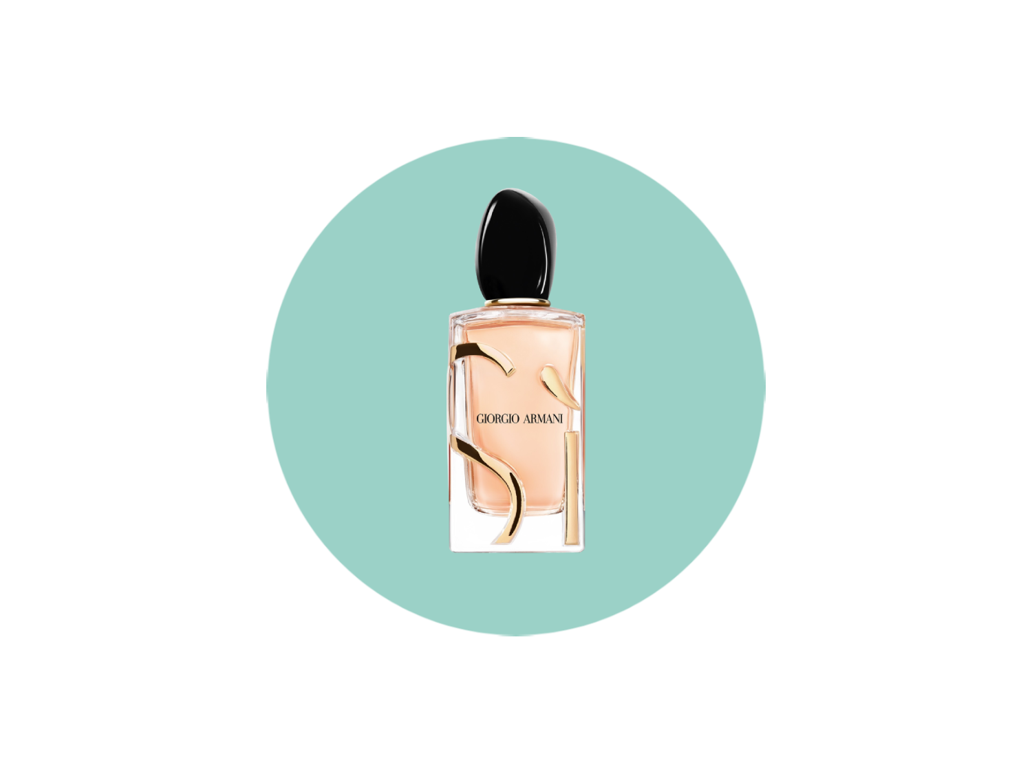 Perfumy Giorgio Armani Si w prostokątnej butelce z jasnoróżowym płynem, czarną nakrętką i złotymi zdobieniami, umieszczone na turkusowym tle.