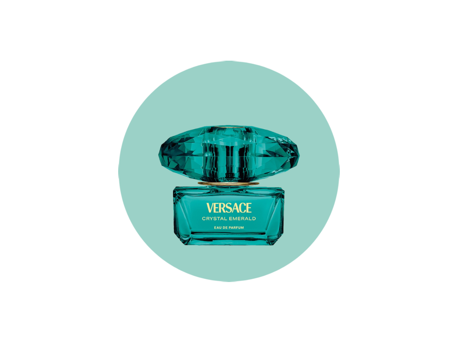 Perfumy Versace Crystal Emerald Eau de Parfum w szmaragdowozielonej butelce z fasetowanym korkiem, umieszczone na jasnoturkusowym okręgu.