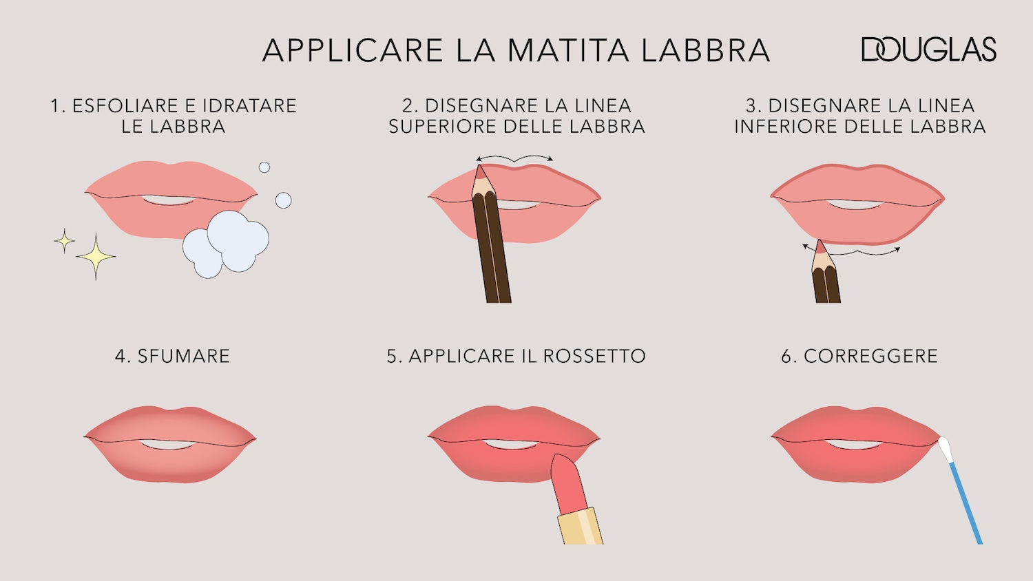 Prepara le labbra esfoliandole e idratandole per una base perfetta, come mostrato dall'immagine di labbra con bolle e stelle.