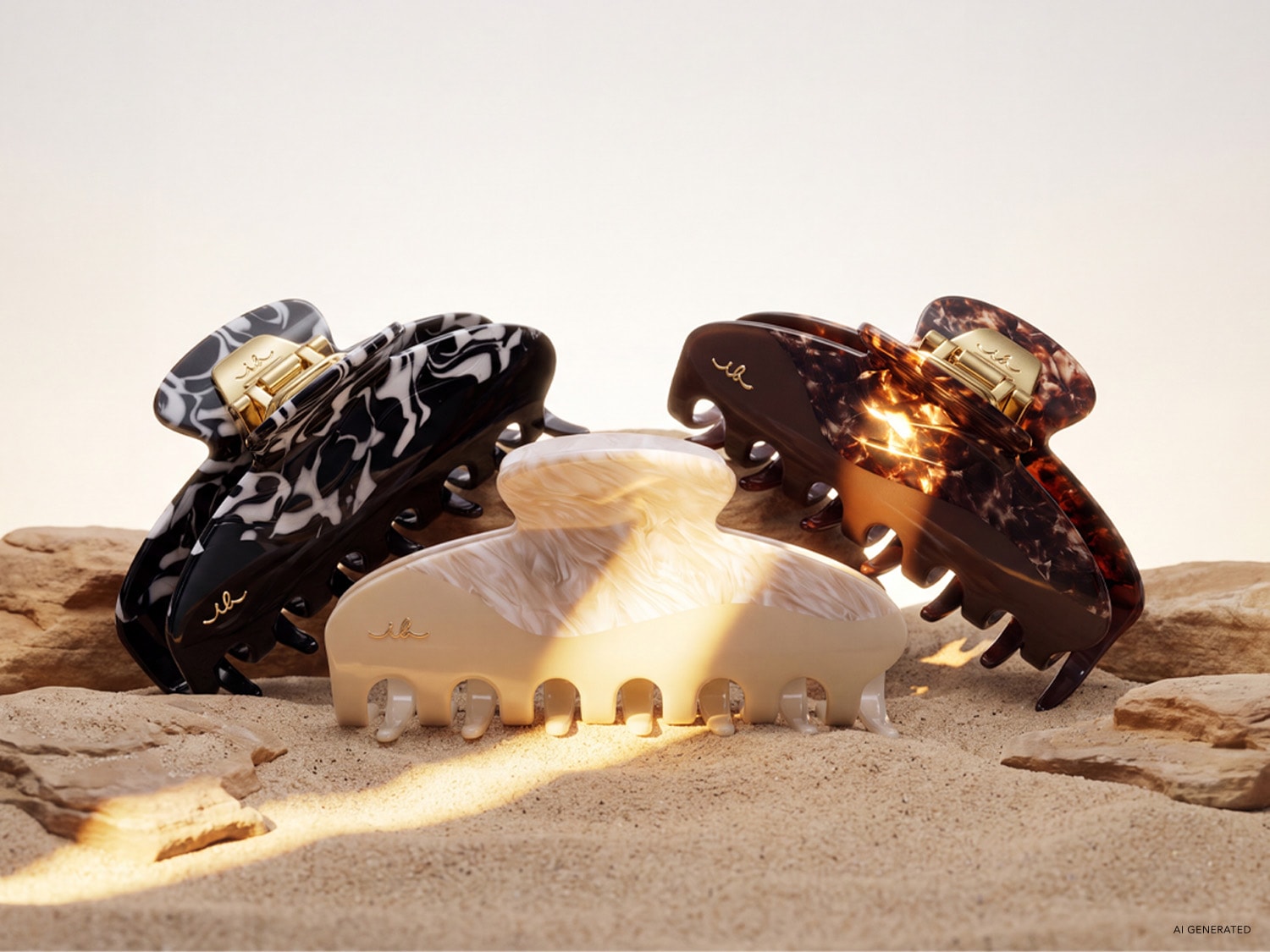 Drei Haarklammern in Schwarz-Weiß-Marmorierung, Braun-Marmorierung und Beige-Marmorierung liegen auf Sand und Felsen, bereit, Ihrem Haar einen stilvollen Halt zu verleihen.