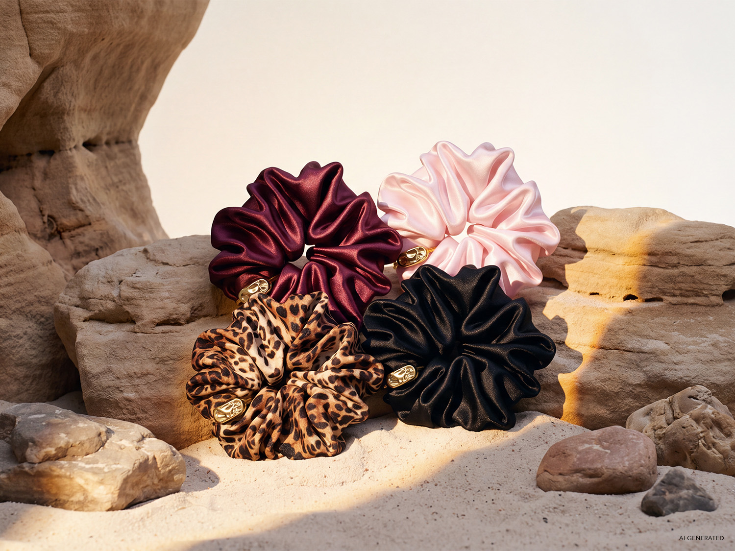 Vier Satin-Haargummis in den Farben Burgunderrot, Hellrosa, Leopardenmuster und Schwarz liegen auf Felsen und Sand, perfekt für einen stilvollen Look.