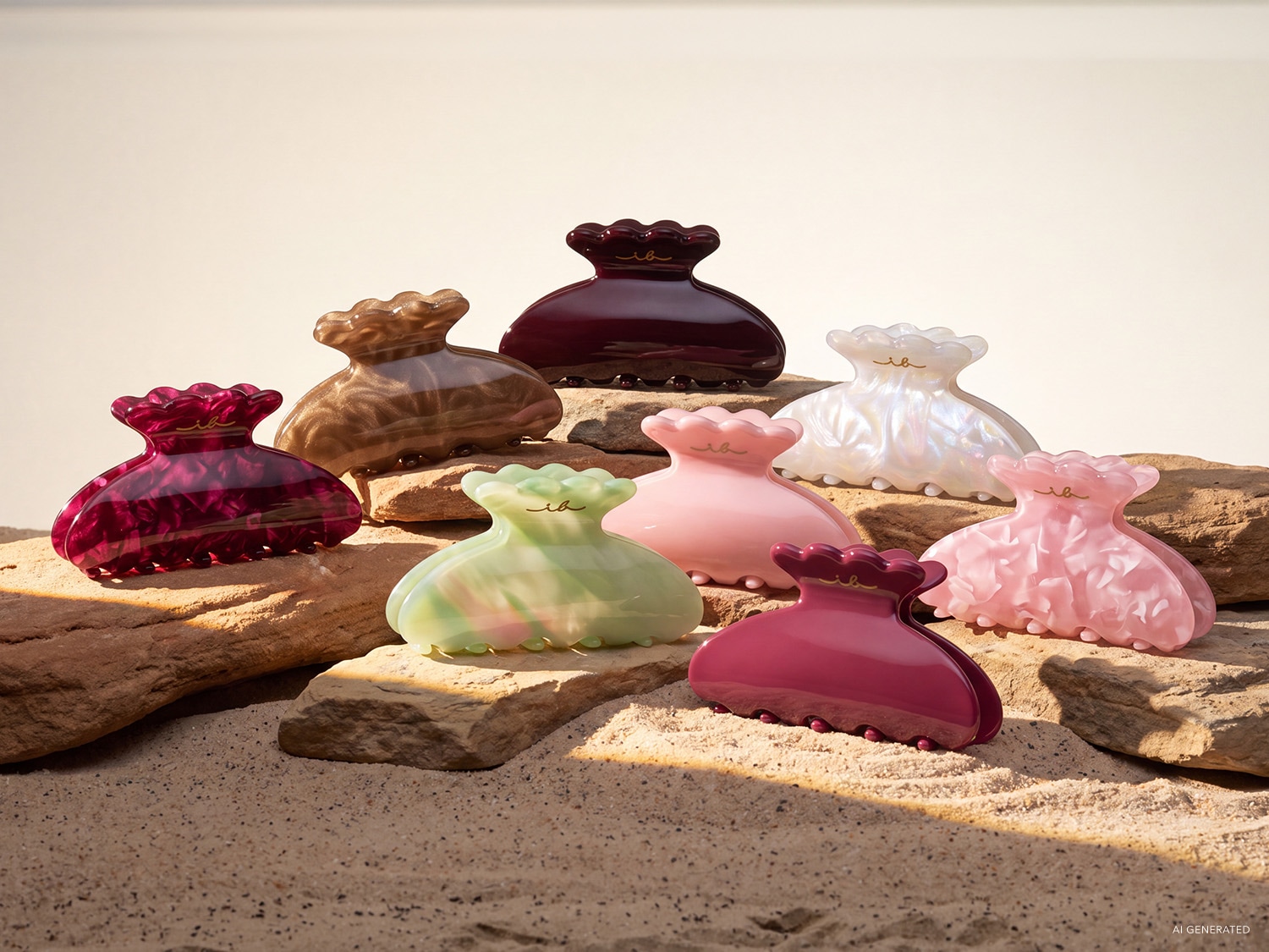 Eine Sammlung von neun Haarklammern in verschiedenen Farben, darunter Burgunderrot, Braun, Weiß, Hellrosa, Minzgrün und Dunkelrosa, ist auf Sand und Felsen arrangiert.