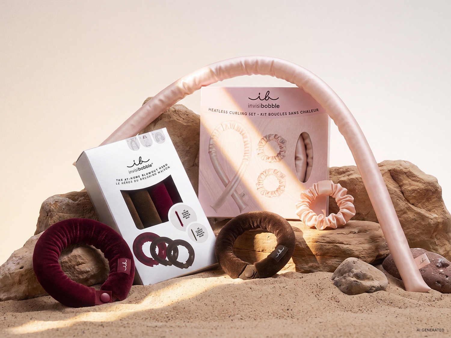 Das Bild zeigt eine Auswahl an Invisibobble-Produkten, darunter ein Heatless Curling Set in zartem Rosa und ein The At-Home Blowout Hero Set mit samtigen Lockenwicklern in Burgunderrot und Braun, arrangiert auf sandfarbenen Felsen.