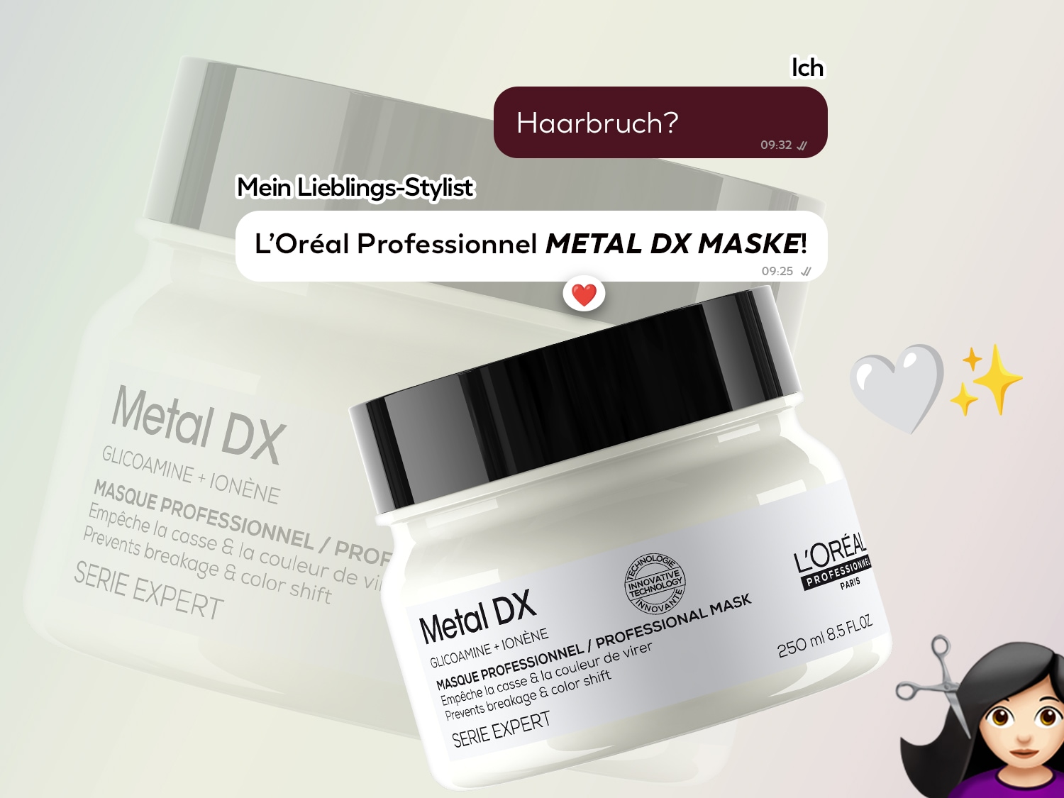 Die L'Oréal Professionnel Metal DX Maske in einem weißen Tiegel mit schwarzem Deckel, der 250 ml enthält, ist eine professionelle Maske, die Haarbruch verhindert und Farbveränderungen entgegenwirkt.