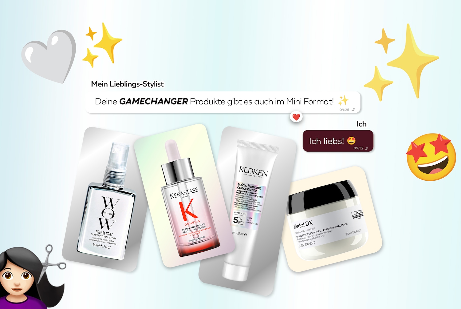Entdecken Sie die Color Wow Dream Coat Supernatural Spray, Kérastase Genesis Sérum Fortifiant, Redken Acidic Bonding Concentrate und L'Oréal Professionnel Metal DX Maske in praktischen Mini-Formaten.