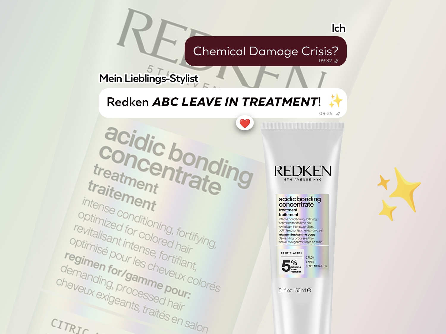 Redken ABC Leave-in Treatment ist eine weiße Tube mit schwarzem Text, die 5% Bonding Care Complex und Zitronensäure enthält, ideal für chemisch geschädigtes Haar.