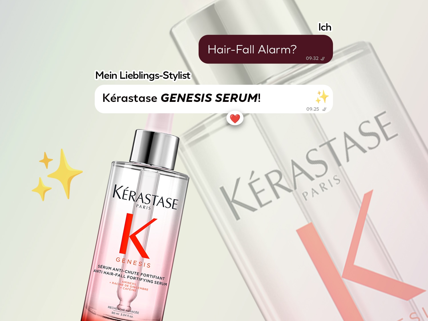 Das Kérastase Genesis Serum ist ein stärkendes Anti-Haarausfall-Serum mit Aminexil, Ingwerwurzel und Koffein in einer transparenten Flasche mit rosa Flüssigkeit und silbernem Tropfer, das bei Haarausfall hilft.