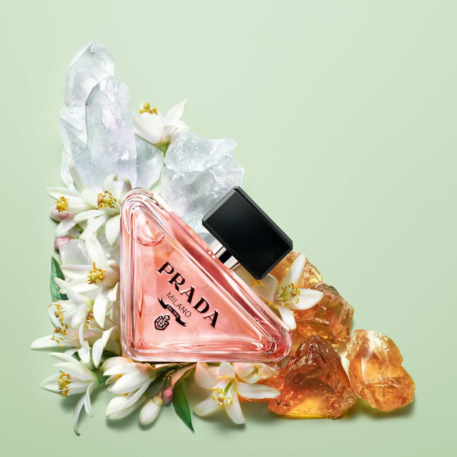 Le parfum Prada Paradoxe est présenté dans un flacon triangulaire rose pâle avec un bouchon noir, entouré de fleurs blanches, de cristaux clairs et de pierres ambrées sur un fond vert clair.