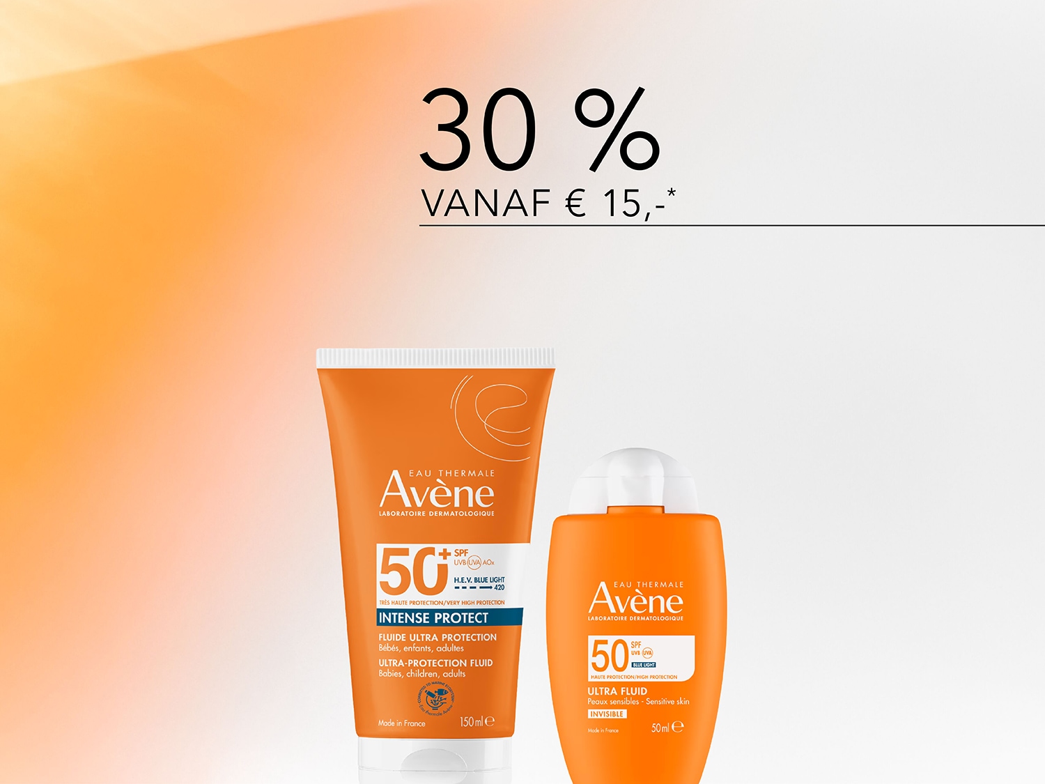 Ontdek de Avène Intense Protect SPF 50+ zonnebrandcrème in een oranje tube van 150 ml, speciaal voor baby's, kinderen en volwassenen, en de Avène Ultra Fluid Invisible SPF 50+ in een oranje flesje van 50 ml voor de gevoelige huid, nu met 30% korting vanaf €15.