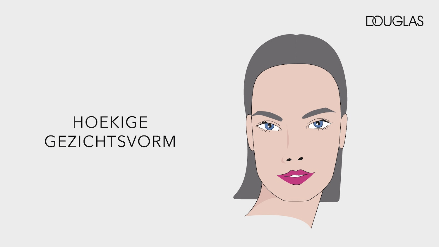 Een illustratie van een vrouwengezicht met een vierkante gezichtsvorm, met de tekst "HOEKIGE GEZICHTSVORM" ernaast en het Douglas-logo rechtsboven.