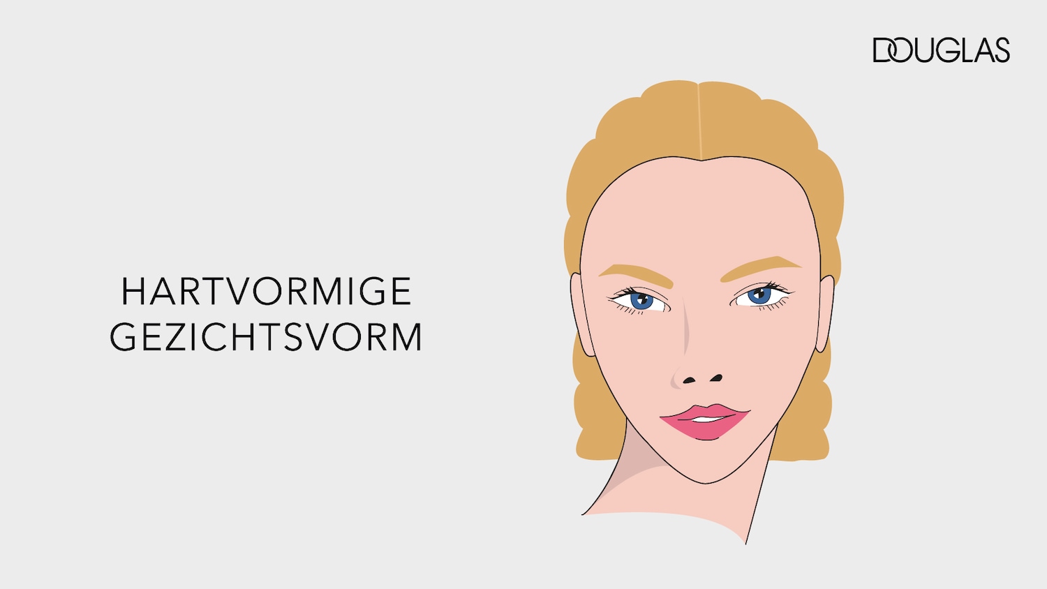 Een illustratie van een vrouwengezicht met blond haar en blauwe ogen, met de tekst "HARTVORMIGE GEZICHTSVORM" ernaast, en het Douglas-logo in de rechterbovenhoek.