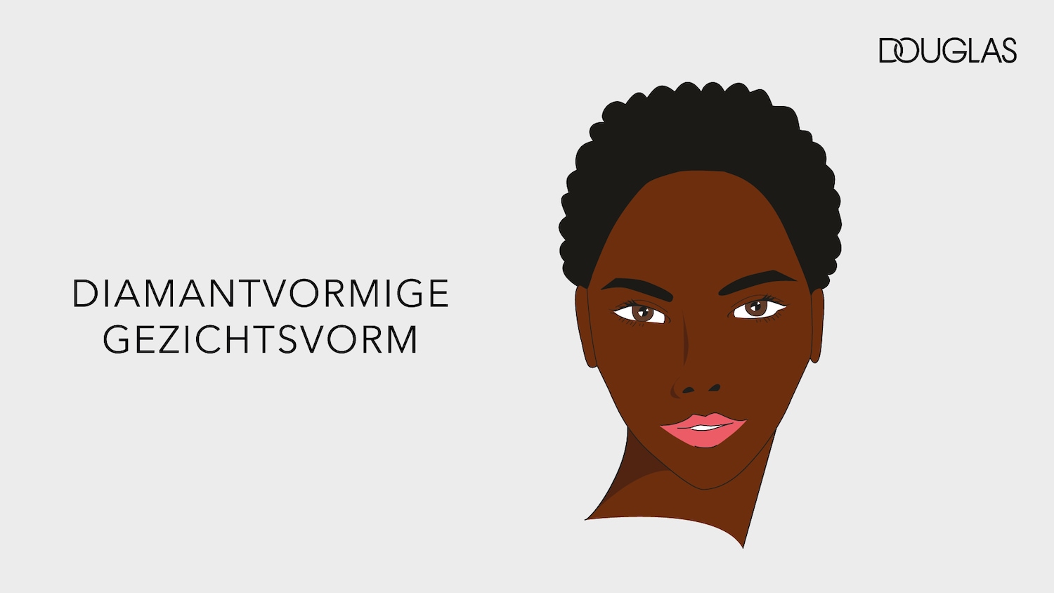 Een illustratie van een vrouw met een donkere huidskleur en kort, krullend zwart haar, die de diamantvormige gezichtsvorm vertegenwoordigt, met de tekst "DIAMANTVORMIGE GEZICHTSVORM" ernaast.