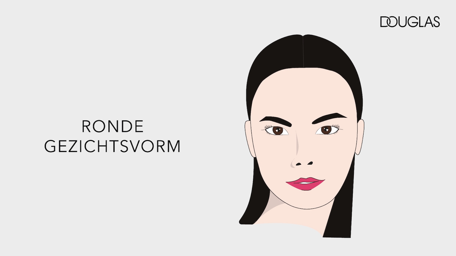 Een illustratie van een vrouw met een rond gezicht, donker haar en roze lippen, met de tekst "RONDE GEZICHTSVORM" en het Douglas-logo.