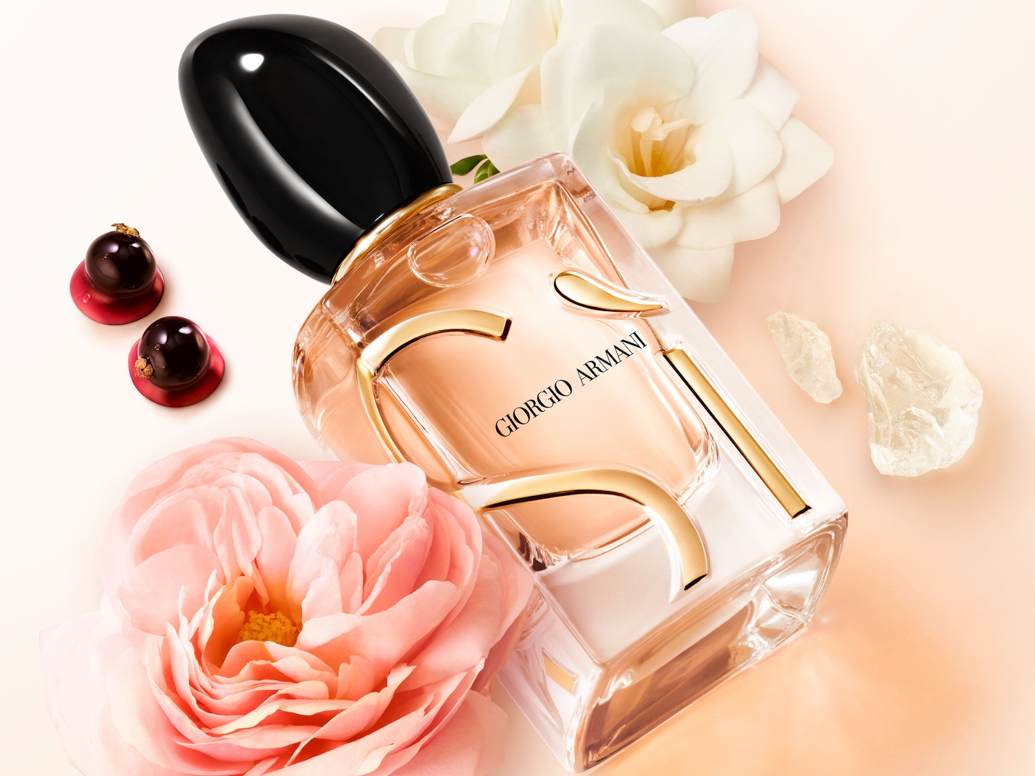 Ein Giorgio Armani Parfümflakon mit goldener Verzierung und schwarzem Verschluss liegt auf einem hellrosa Hintergrund, umgeben von einer großen rosa Rose, weißen Blüten und zwei kleinen, runden, dunkelroten Objekten mit goldenen Akzenten.