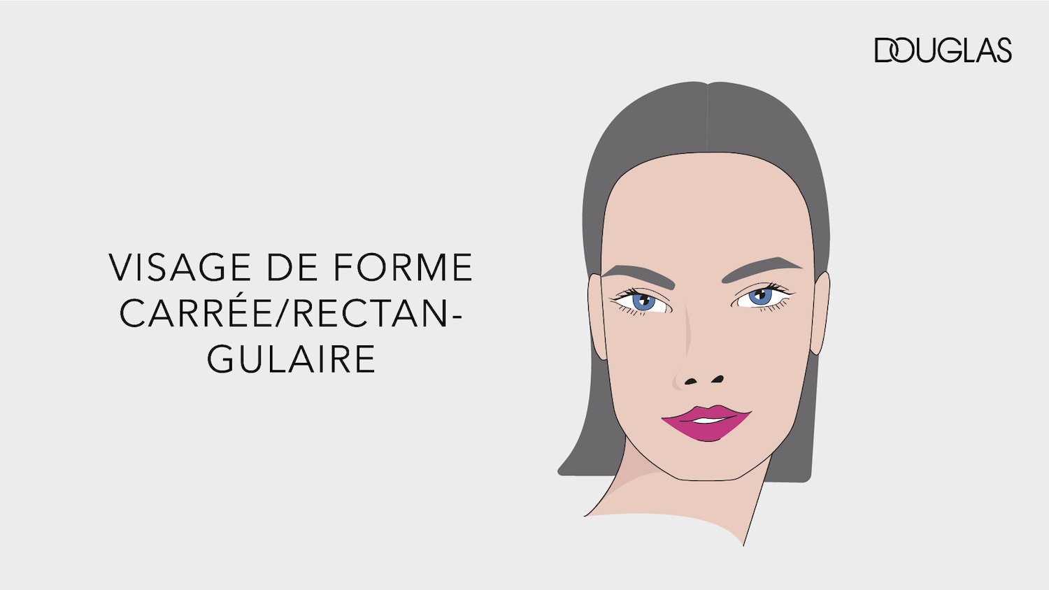 Le texte "VISAGE DE FORME CARRÉE/RECTANGULAIRE" est affiché à côté d'une illustration d'un visage féminin aux cheveux foncés et aux lèvres roses, sur un fond gris clair.