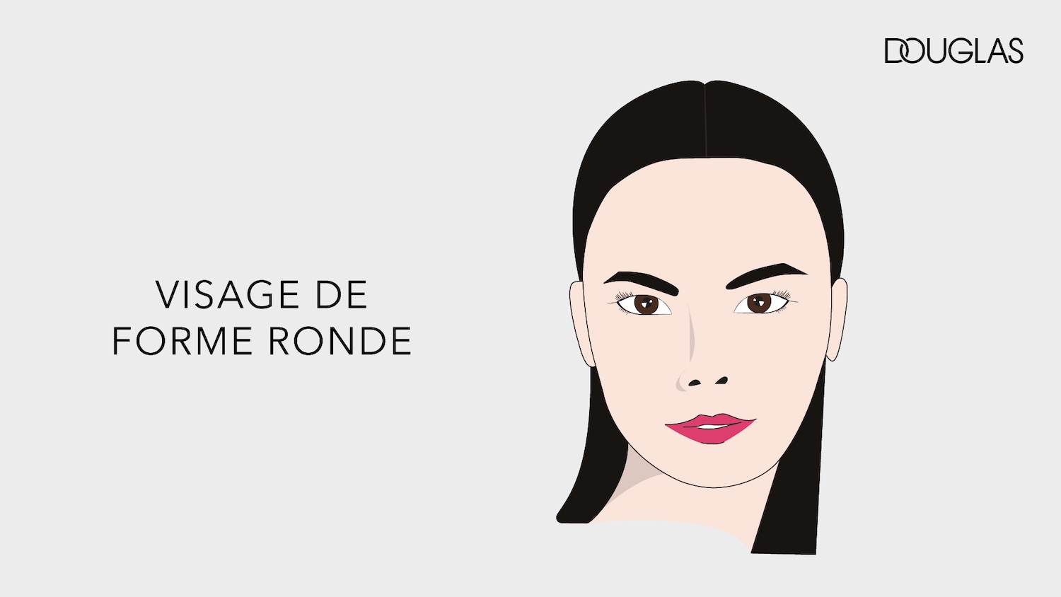 Le logo Douglas est affiché en haut à droite, tandis qu'une illustration d'un visage féminin aux cheveux noirs, aux yeux marron et aux lèvres roses est présentée sur un fond gris clair. Le texte "VISAGE DE FORME RONDE" est écrit en noir sur le côté gauche.