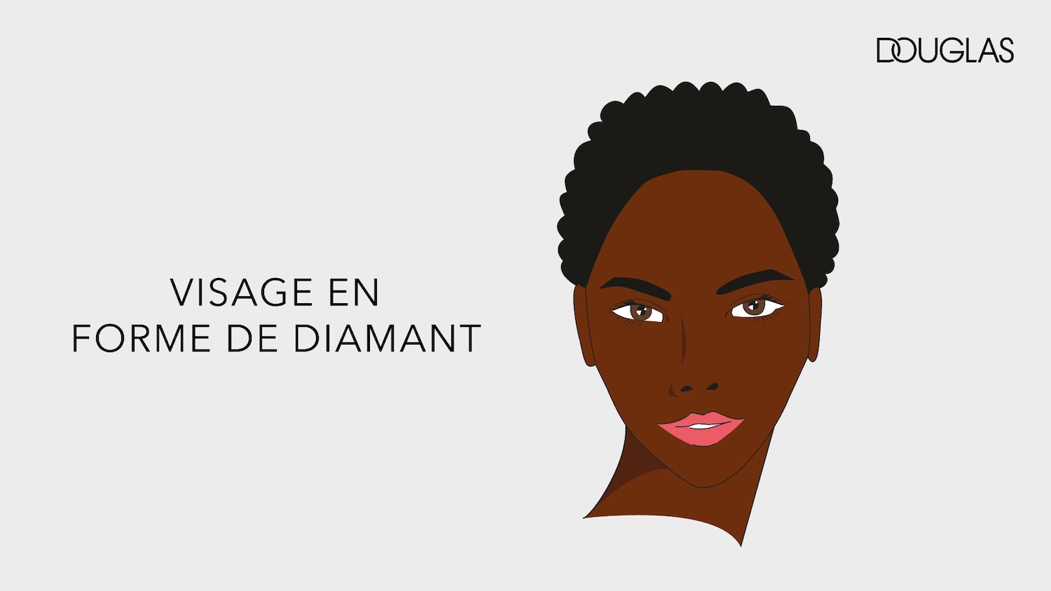 Une illustration d'un visage féminin à la peau foncée et aux cheveux noirs courts, avec le texte "VISAGE EN FORME DE DIAMANT" à gauche, et le logo Douglas en haut à droite.