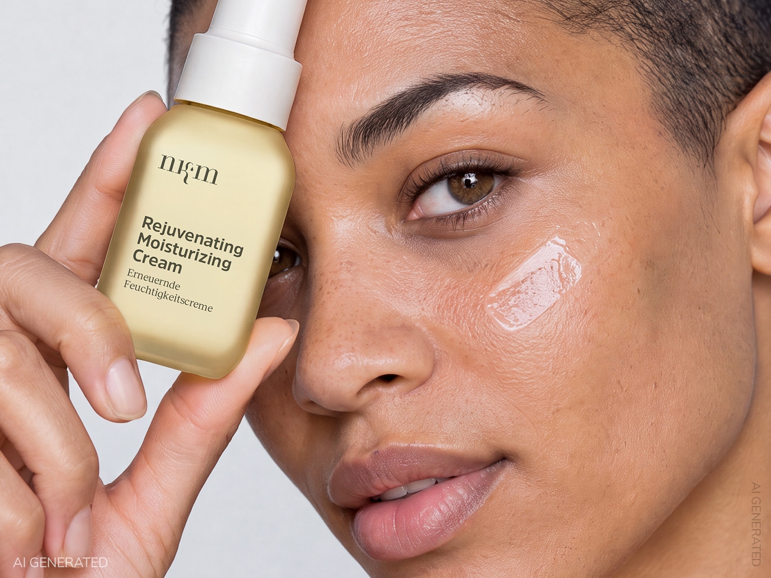 Eine Frau hält eine gelbe Flasche Nkm Rejuvenating Moisturizing Cream mit weißem Spender vor ihr Gesicht, während ein glänzender Klecks der Creme auf ihrer Wange zu sehen ist.