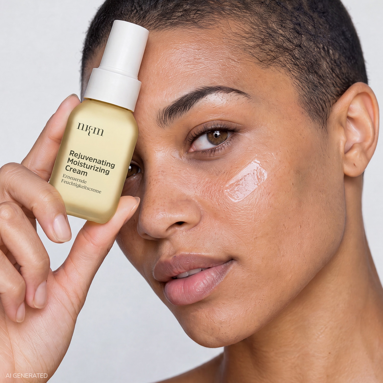 Eine Frau mit kurzgeschorenen Haaren hält eine hellgelbe Flasche "Rejuvenating Moisturizing Cream" von NISM mit weißem Sprühkopf neben ihrem Gesicht, auf dessen Wange ein glänzender Klecks der Creme zu sehen ist.