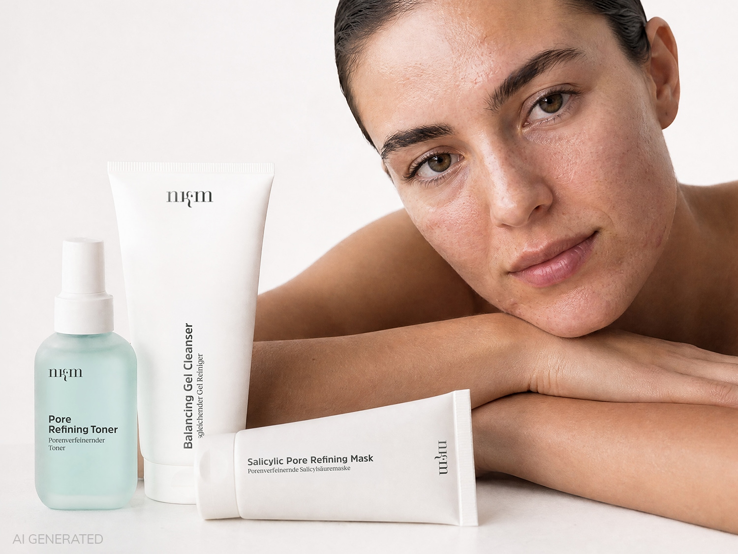 Eine Frau mit Hautunreinheiten blickt direkt in die Kamera, während sie ihren Kopf auf ihre verschränkten Arme legt, umgeben von drei Hautpflegeprodukten: einem Pore Refining Toner, einem Balancing Gel Cleanser und einer Salicylic Pore Refining Mask.