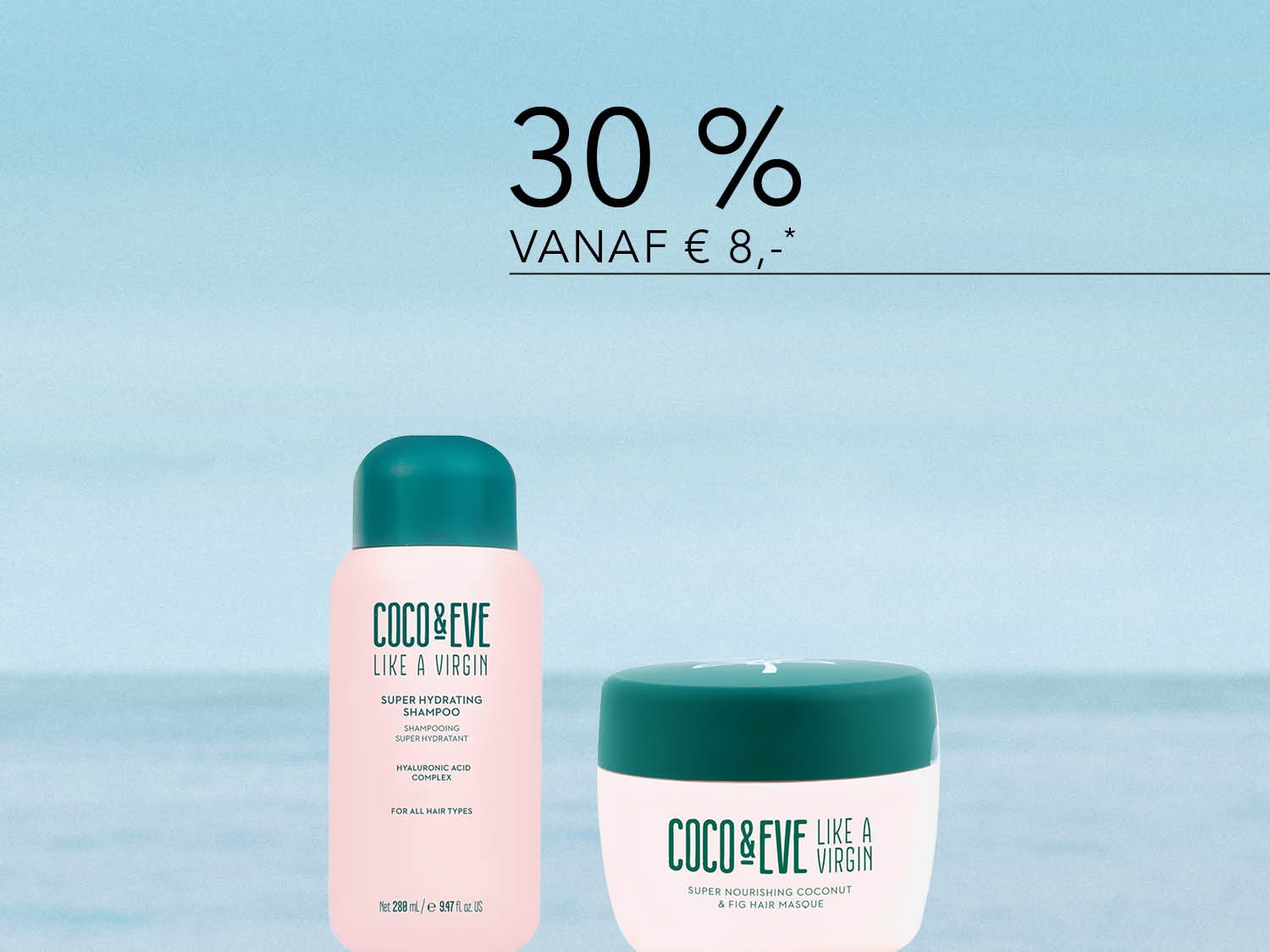 Ontdek de Coco & Eve Like a Virgin Super Hydrating Shampoo en het Super Nourishing Coconut & Fig Hair Masque, nu met 30% korting vanaf €8,-.