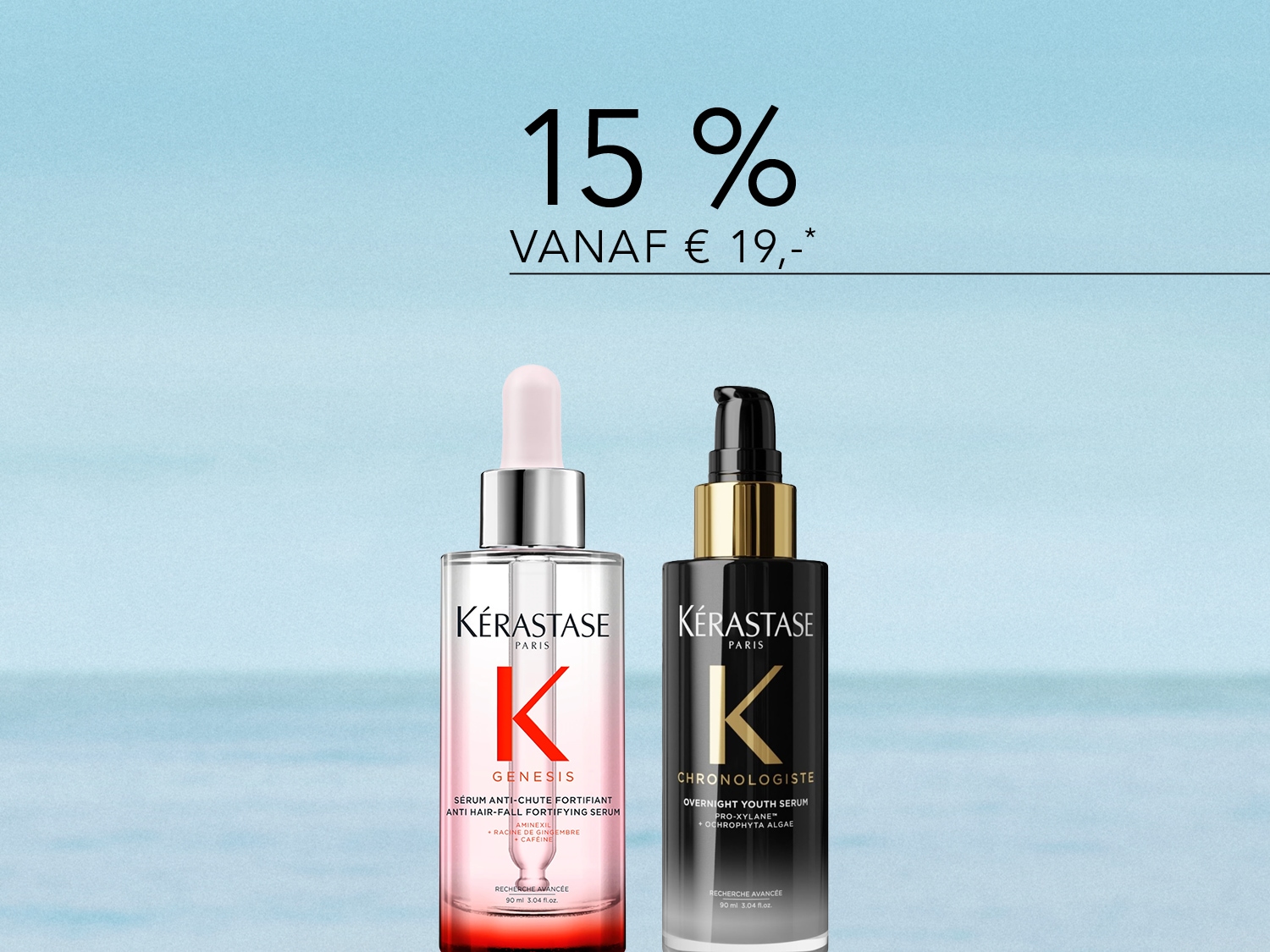 Ontvang 15% korting op Kérastase producten vanaf €19,-, met op de voorgrond twee haarserums: Kérastase Genesis Anti Hair-Fall Fortifying Serum in een transparante fles met roze vloeistof en Kérastase Chronologiste Overnight Youth Serum in een zwarte fles met gouden accenten.