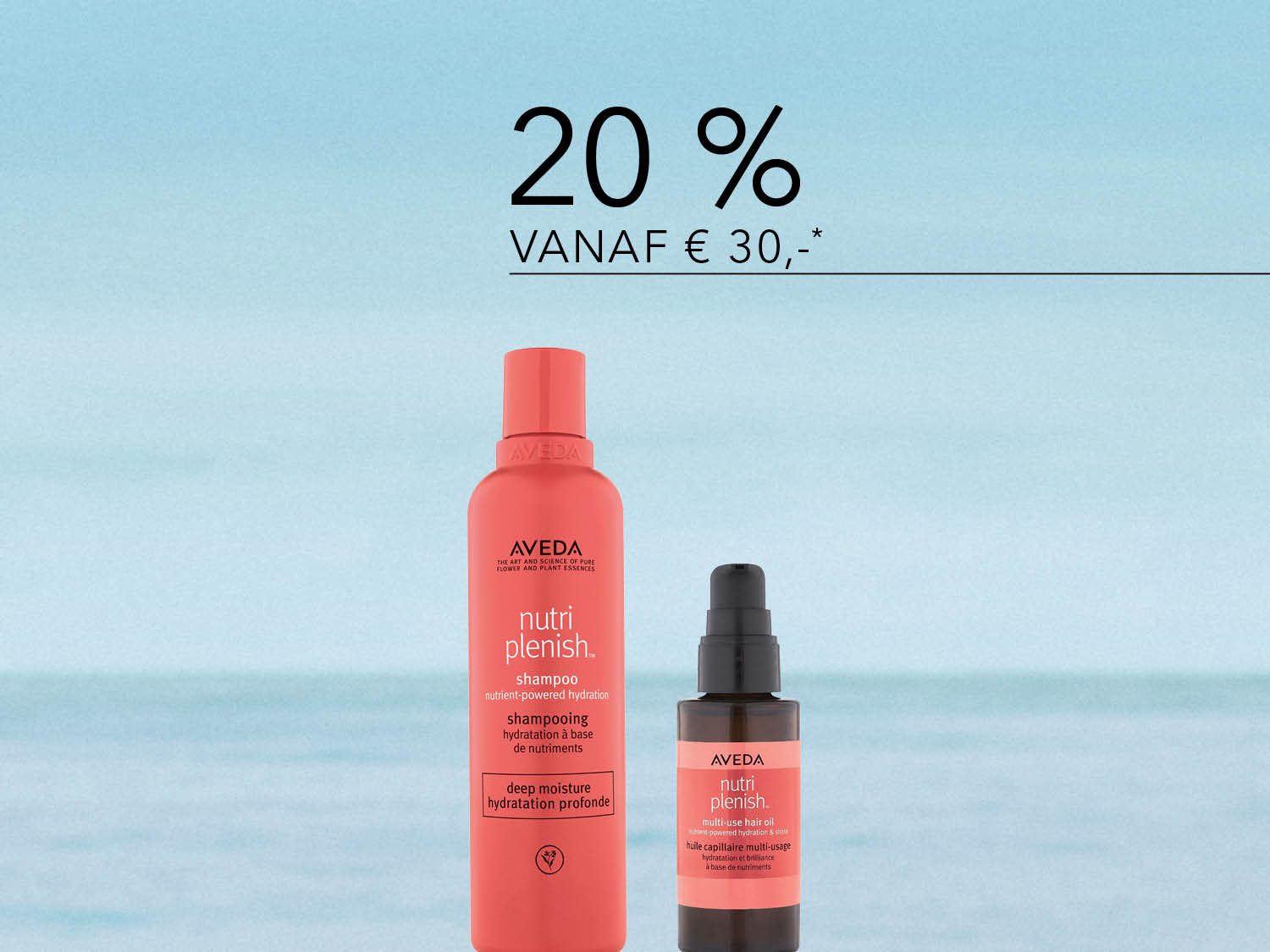 Ontvang 20% korting op Aveda Nutriplenish producten vanaf €30, inclusief de diep hydraterende shampoo en de multi-use haarolie voor glans en hydratatie.