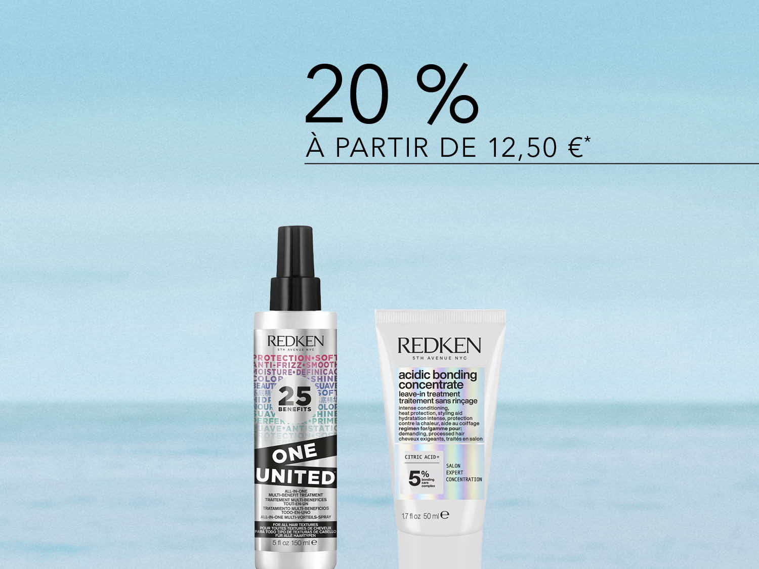 Découvrez le spray multi-bénéfices Redken One United et le soin sans rinçage Acidic Bonding Concentrate, offrant 20% de réduction à partir de 12,50 €.