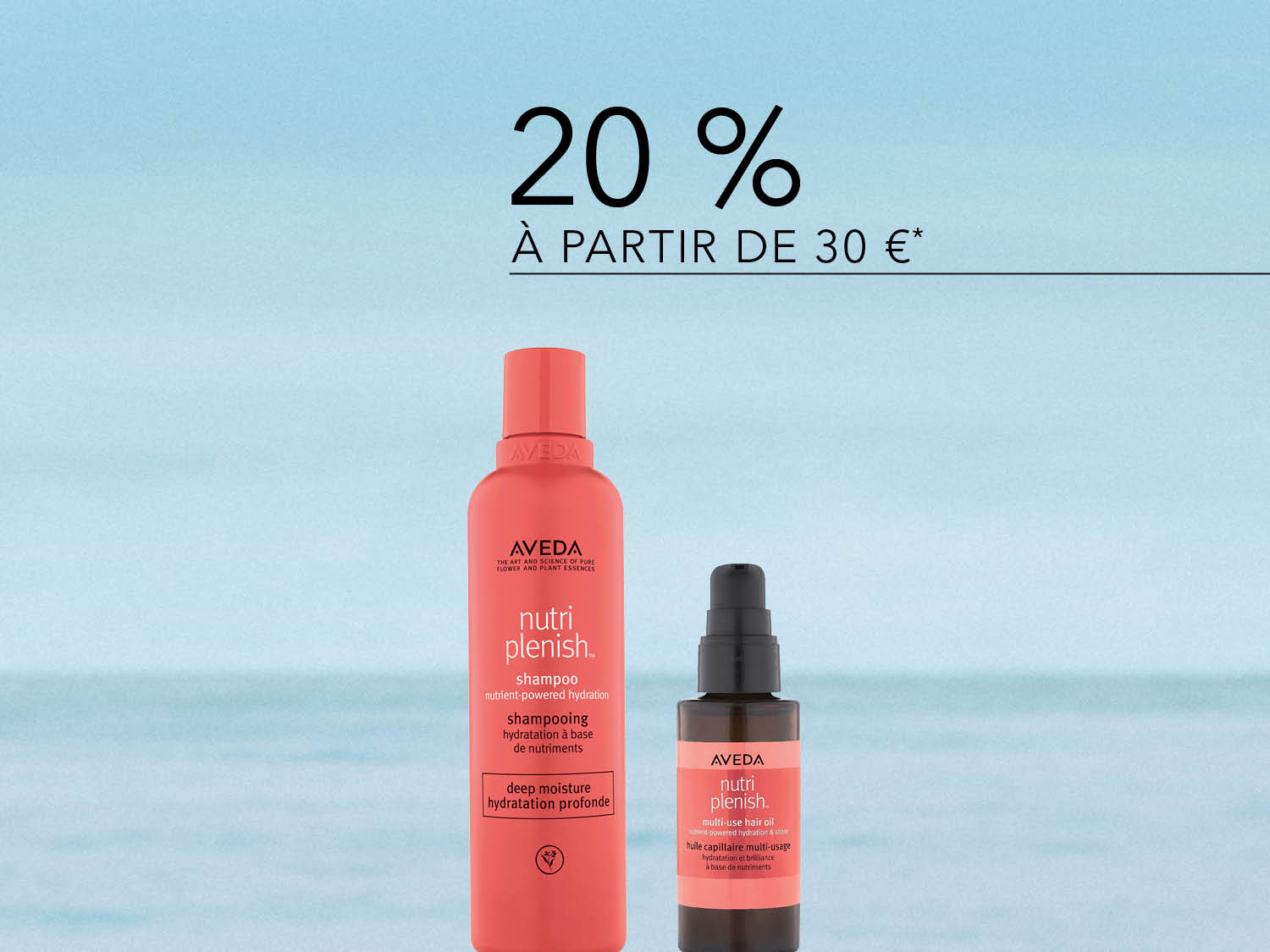 Obtenez 20 % de réduction sur les produits Aveda Nutriplenish, y compris le shampoing hydratant profond et l'huile capillaire multi-usage, à partir de 30 € d'achat.