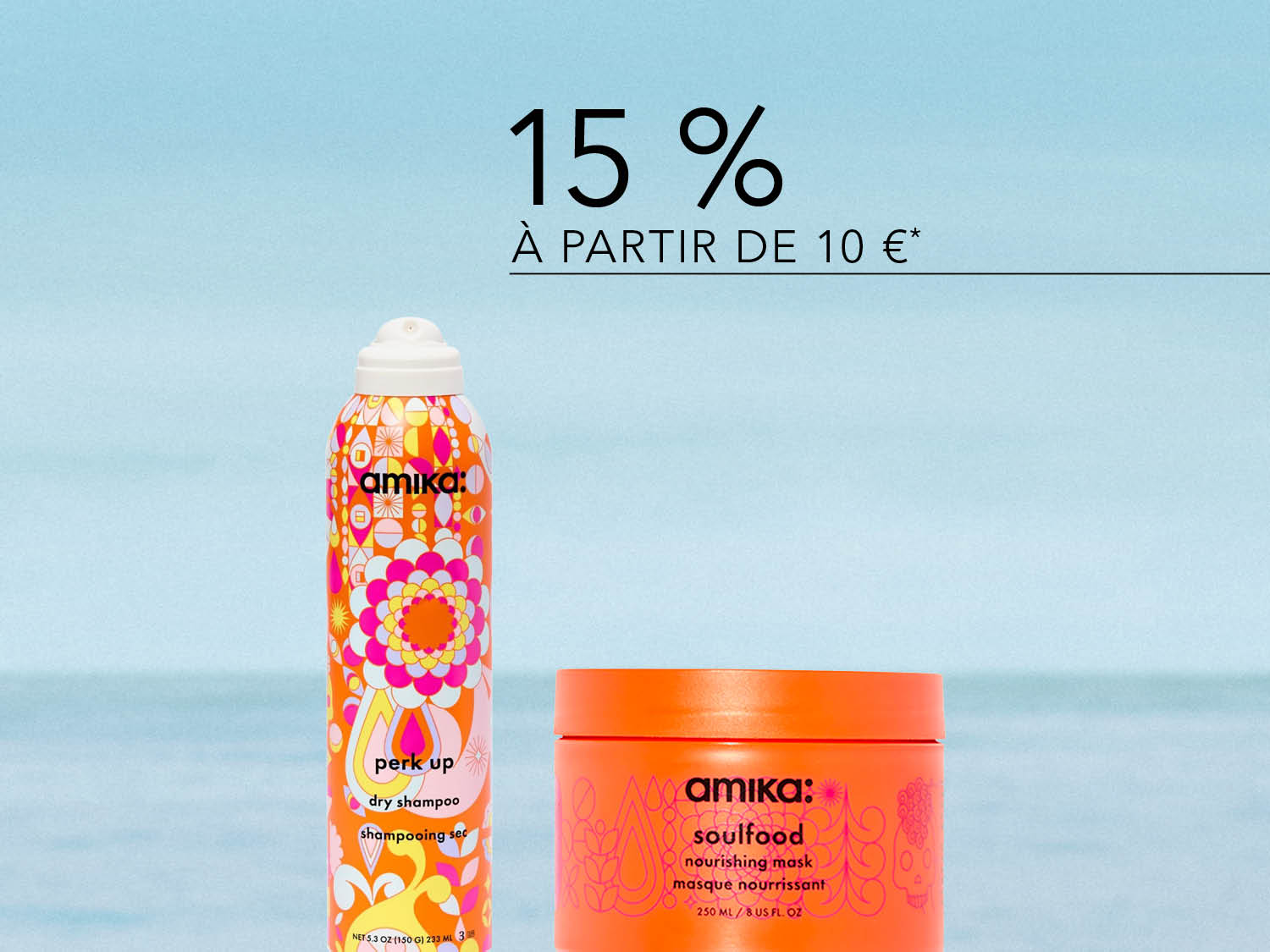 Découvrez le shampoing sec Perk Up et le masque nourrissant Soulfood d'Amika, deux produits essentiels pour des cheveux éclatants, avec 15% de réduction à partir de 10€ d'achat.
