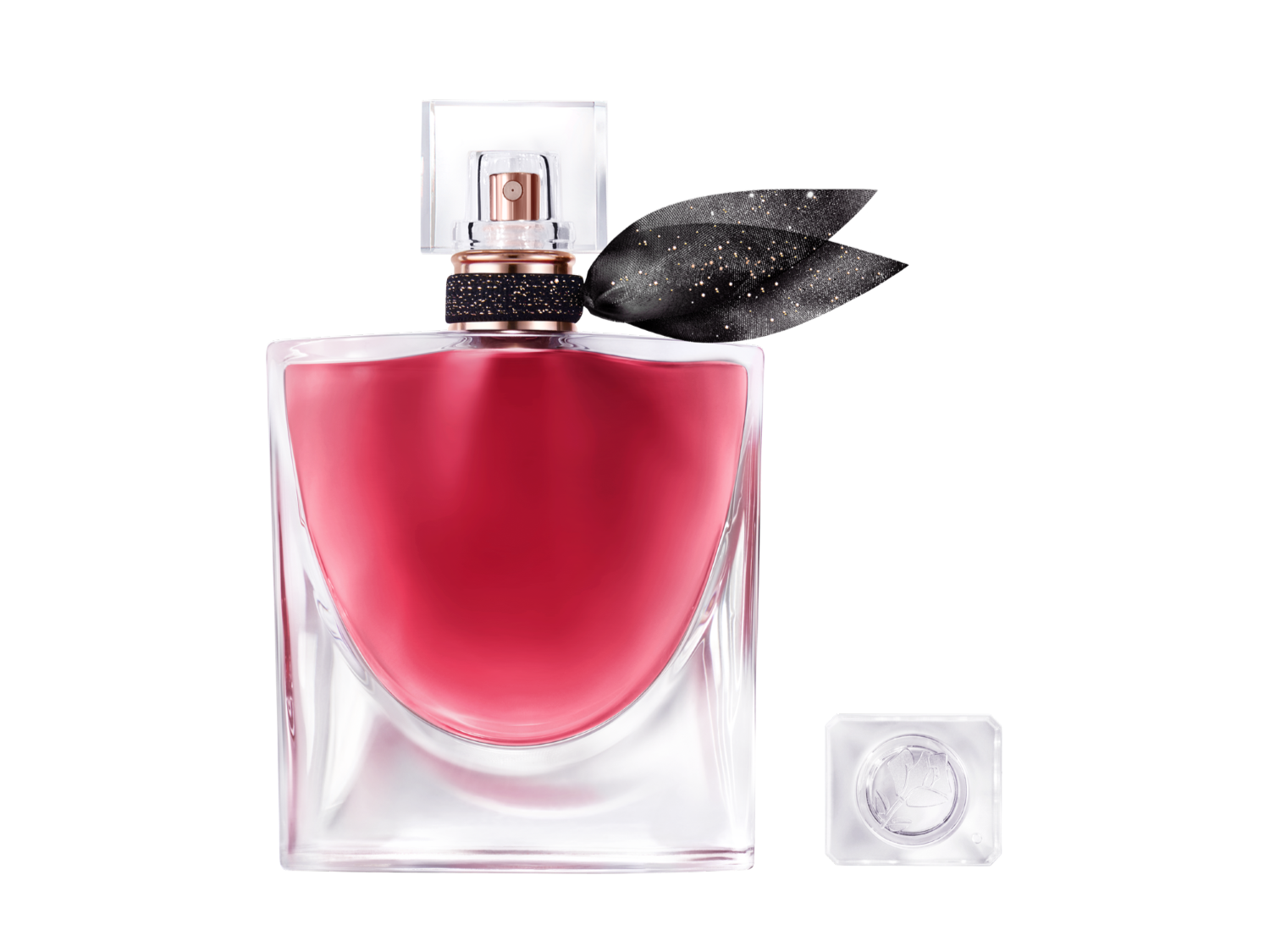 Der Duft La Vie Est Belle L'Elixir von Lancôme präsentiert sich in einem eleganten Glasflakon mit rosafarbenem Inhalt, verziert mit einem glitzernden schwarzen Band am Hals und einem abnehmbaren Deckel.