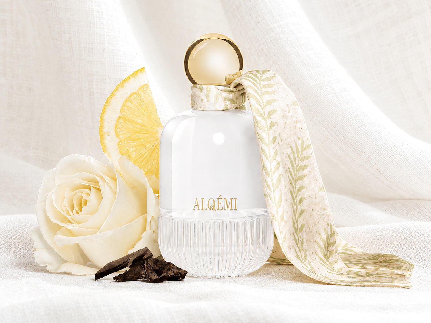 Sticla de parfum ALQÉMI, cu un capac auriu și o eșarfă cu imprimeu verde, este așezată pe o țesătură albă, alături de o felie de lămâie, un trandafir alb și bucăți de lemn.