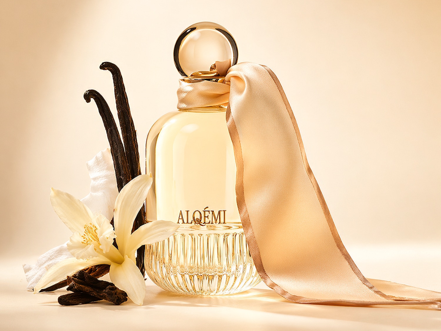 Un flacon elegant de parfum Aloqemi, cu lichid auriu, este decorat cu o panglică aurie și înconjurat de păstăi de vanilie și o floare albă de vanilie, pe un fundal bej.