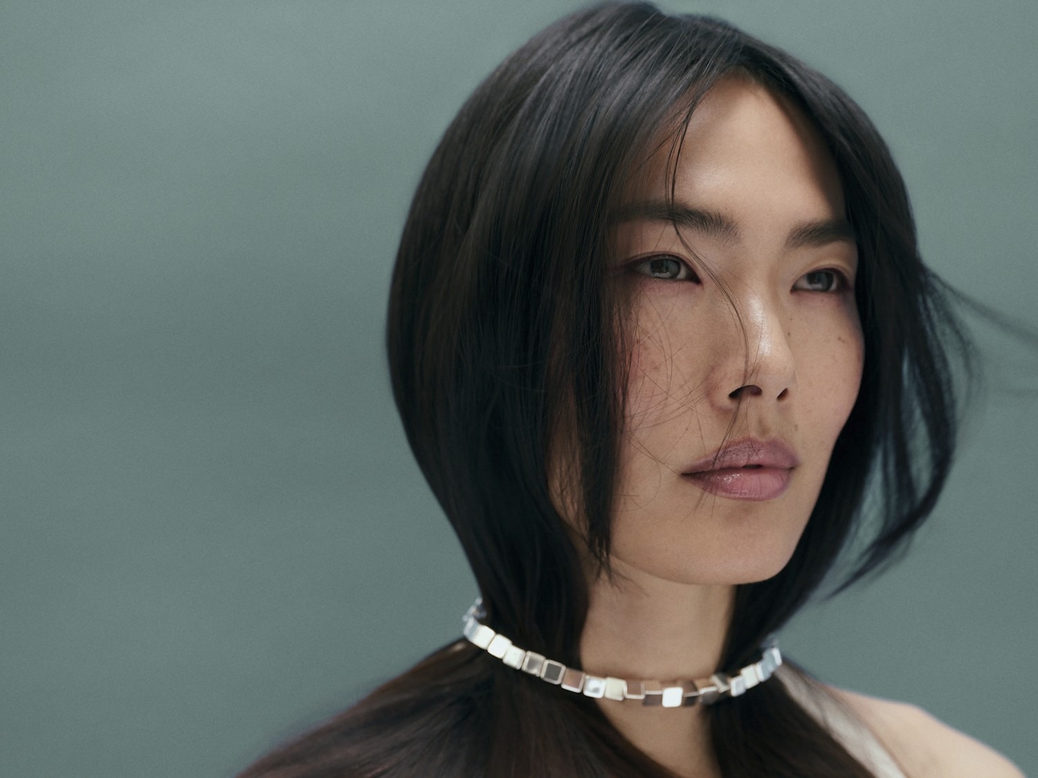 Een vrouw met donker haar en een zilverkleurige ketting om haar nek kijkt naar rechts, met een lichte glans op haar lippen en een zachte blik in haar ogen.
