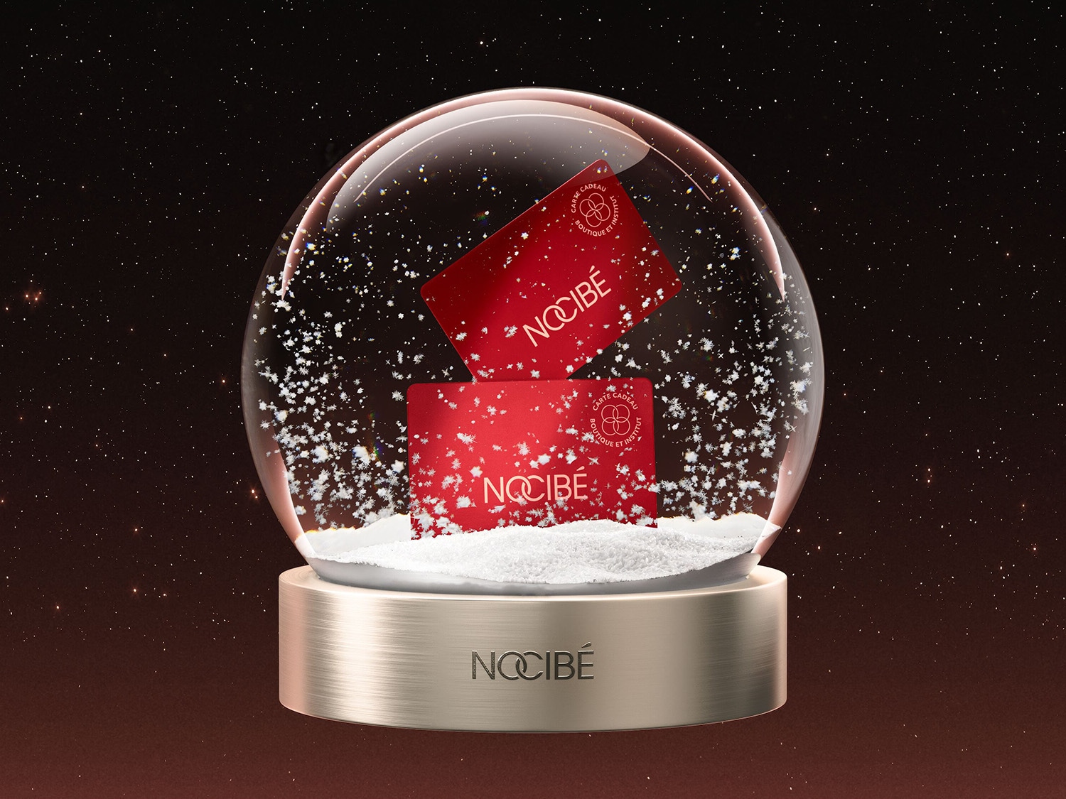 Découvrez une boule à neige festive avec deux cartes cadeaux rouges Nocibé, flottant au-dessus d'une base de neige blanche, le tout sur un fond étoilé.