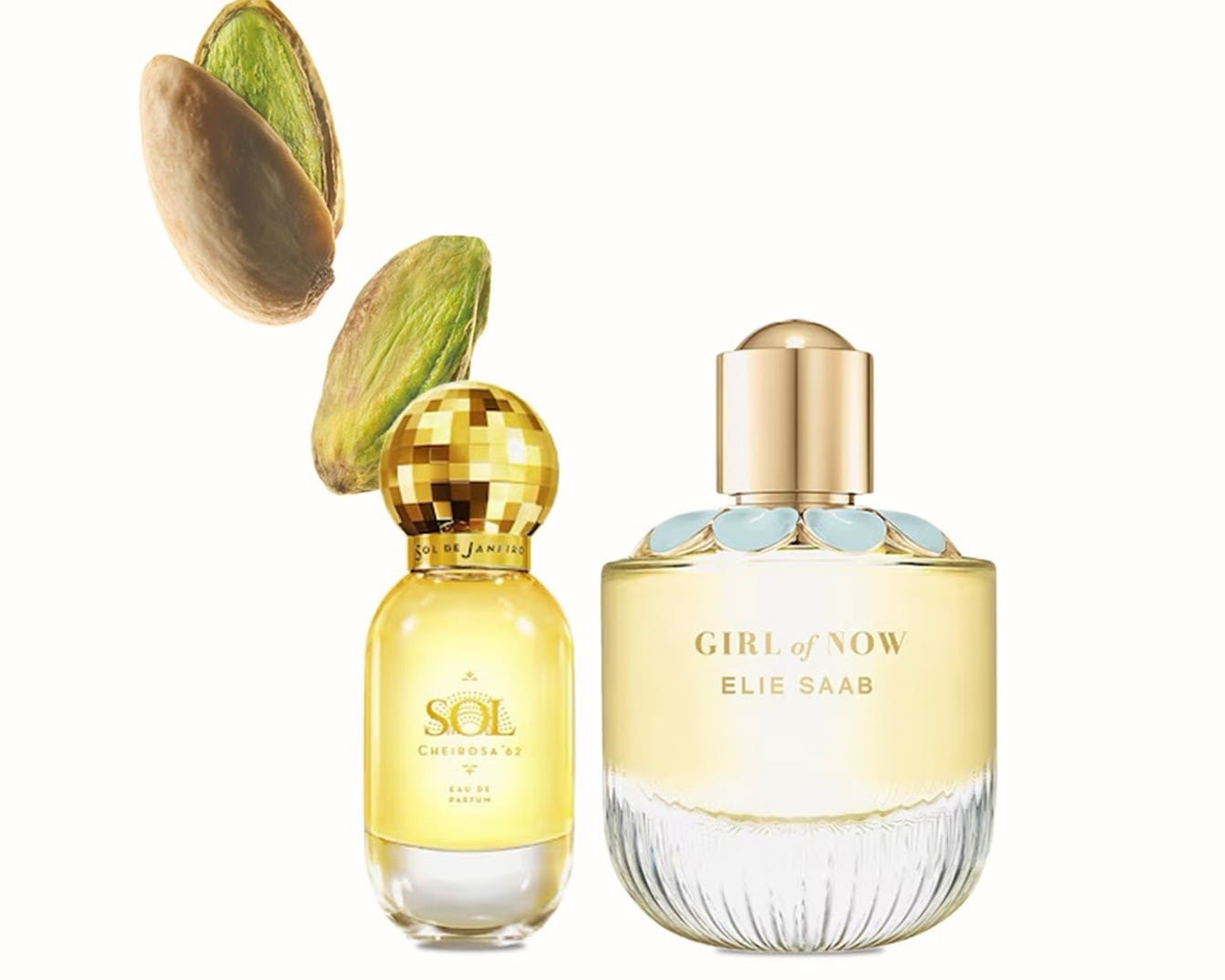 Deux flacons de parfum, Sol de Janeiro Cheirosa '62 et Elie Saab Girl of Now, sont présentés avec des pistaches en arrière-plan, évoquant leurs notes parfumées.