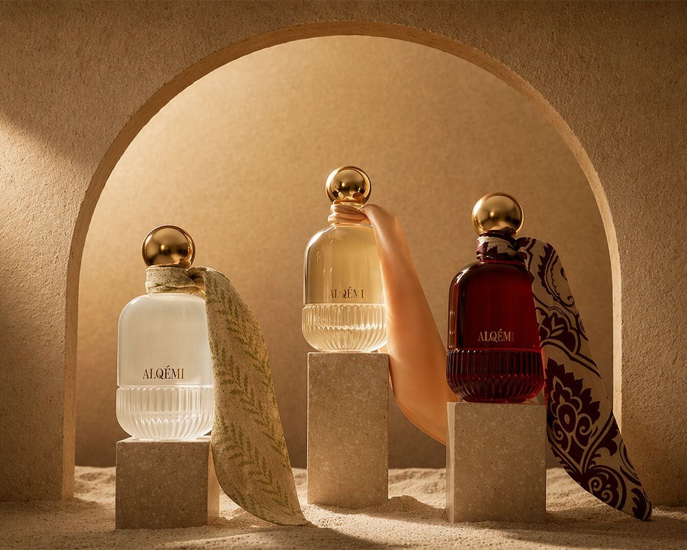 Trois flacons de parfum Alqémi, un blanc, un ambré et un rouge, sont présentés sur des socles en pierre, chacun orné d'un foulard en soie et surmonté d'un bouchon doré, dans un décor de sable et d'arches.