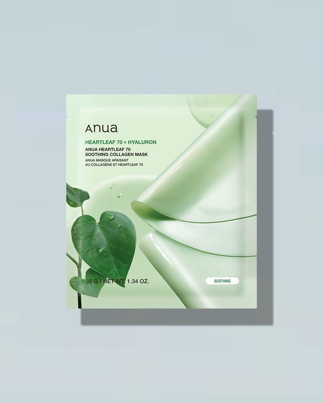 Maska kolagenowa Anua Heartleaf 70+ Hyaluron Soothing Collagen Mask o pojemności 38 g, w jasnozielonym opakowaniu z grafiką liści i kroplami wody, zapewnia ukojenie i nawilżenie.