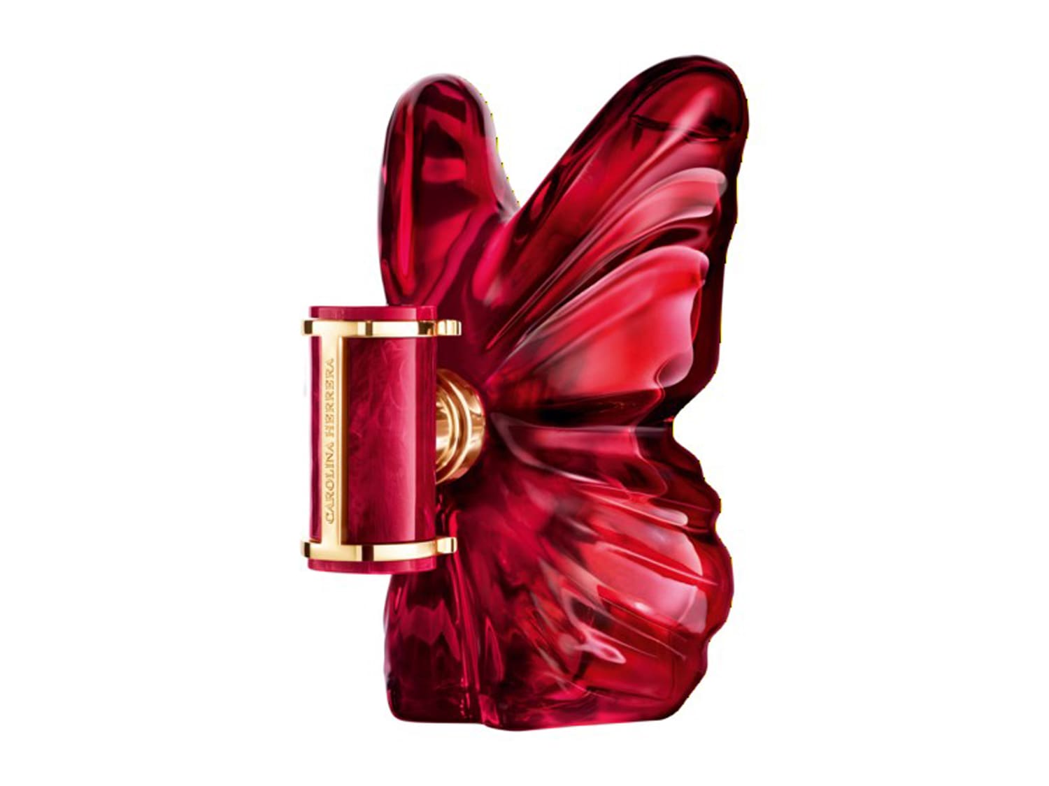 Parfém Carolina Herrera v červeném flakonu ve tvaru motýla se zlatými detaily a nápisem značky.