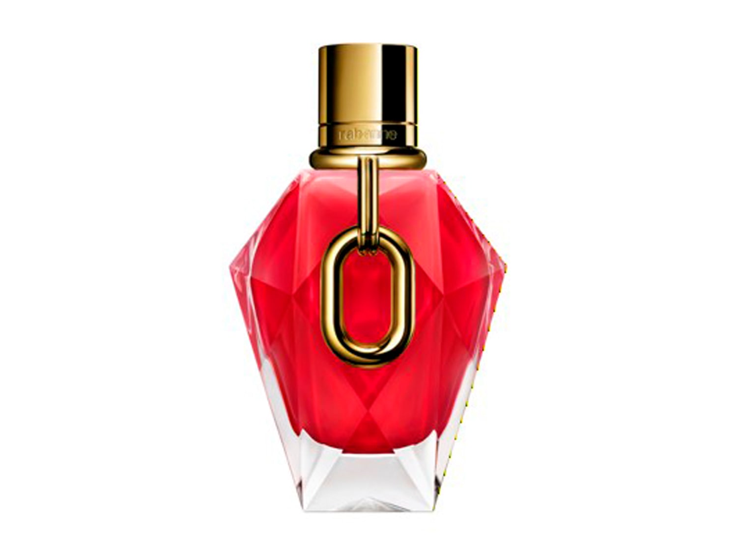 Parfum v červenom fľaštičke s fazetovaným dizajnom a zlatým uzáverom, doplnený zlatým retiazkovým detailom, ktorý dodáva luxusný vzhľad.