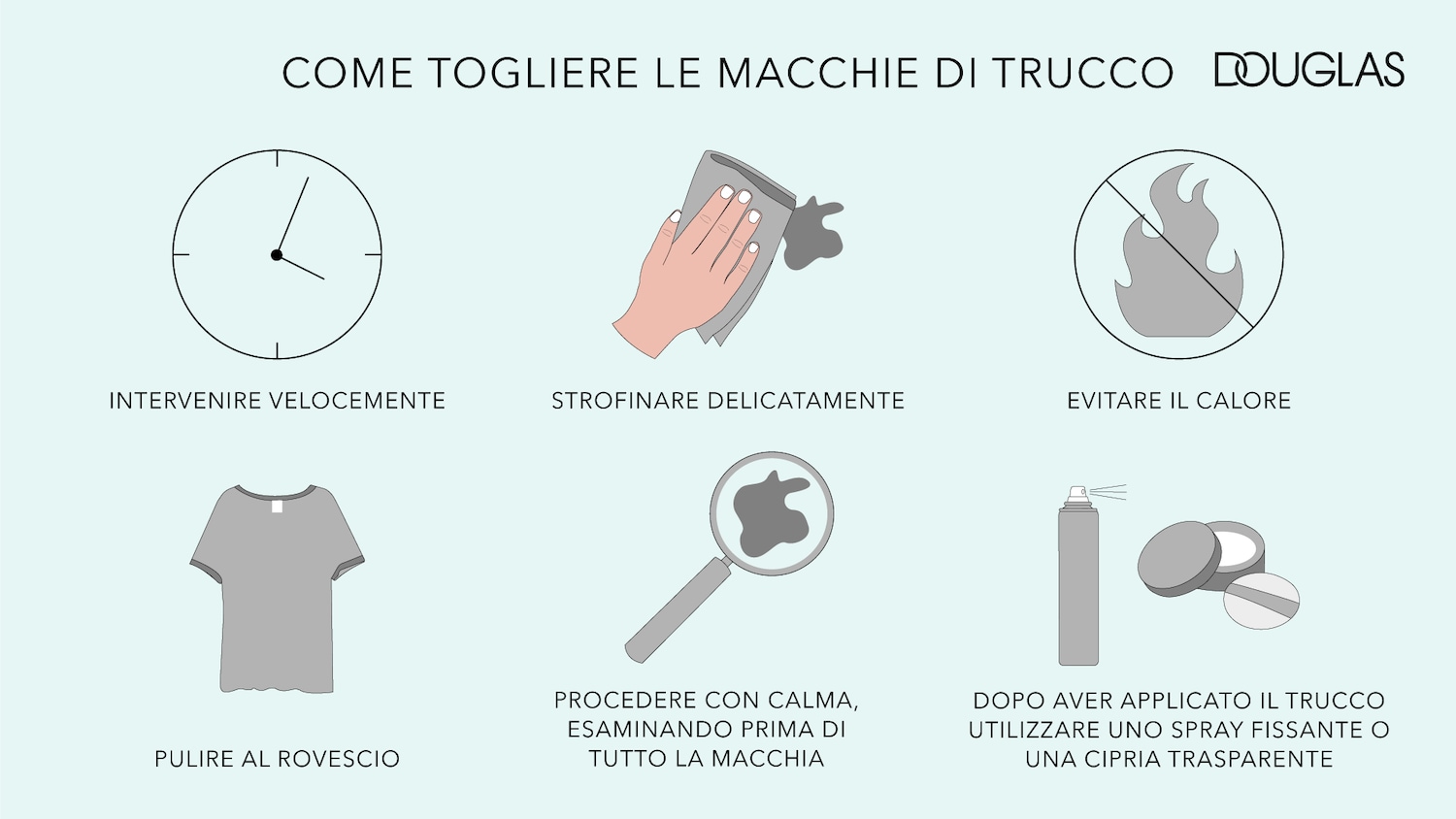 Un orologio con le lancette che indicano le 2:30, suggerisce di agire rapidamente per rimuovere le macchie di trucco.