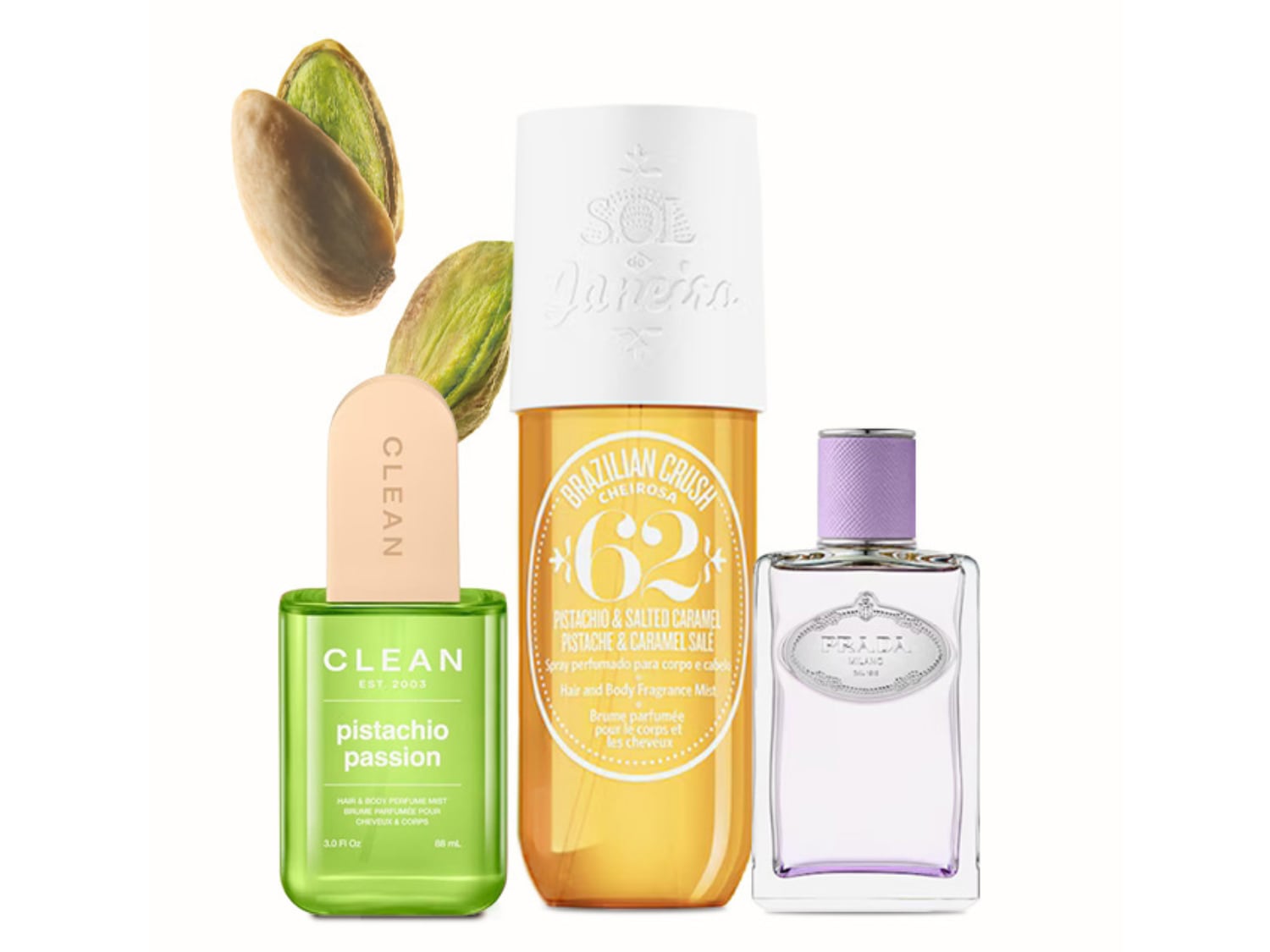 Trzy butelki perfum o zapachu pistacji, w tym zielona butelka "Clean Pistachio Passion", bursztynowa "Sol de Janeiro Brazilian Crush" i przezroczysta "Prada Milano", z dwoma łuskanymi pistacjami unoszącymi się na białym tle.