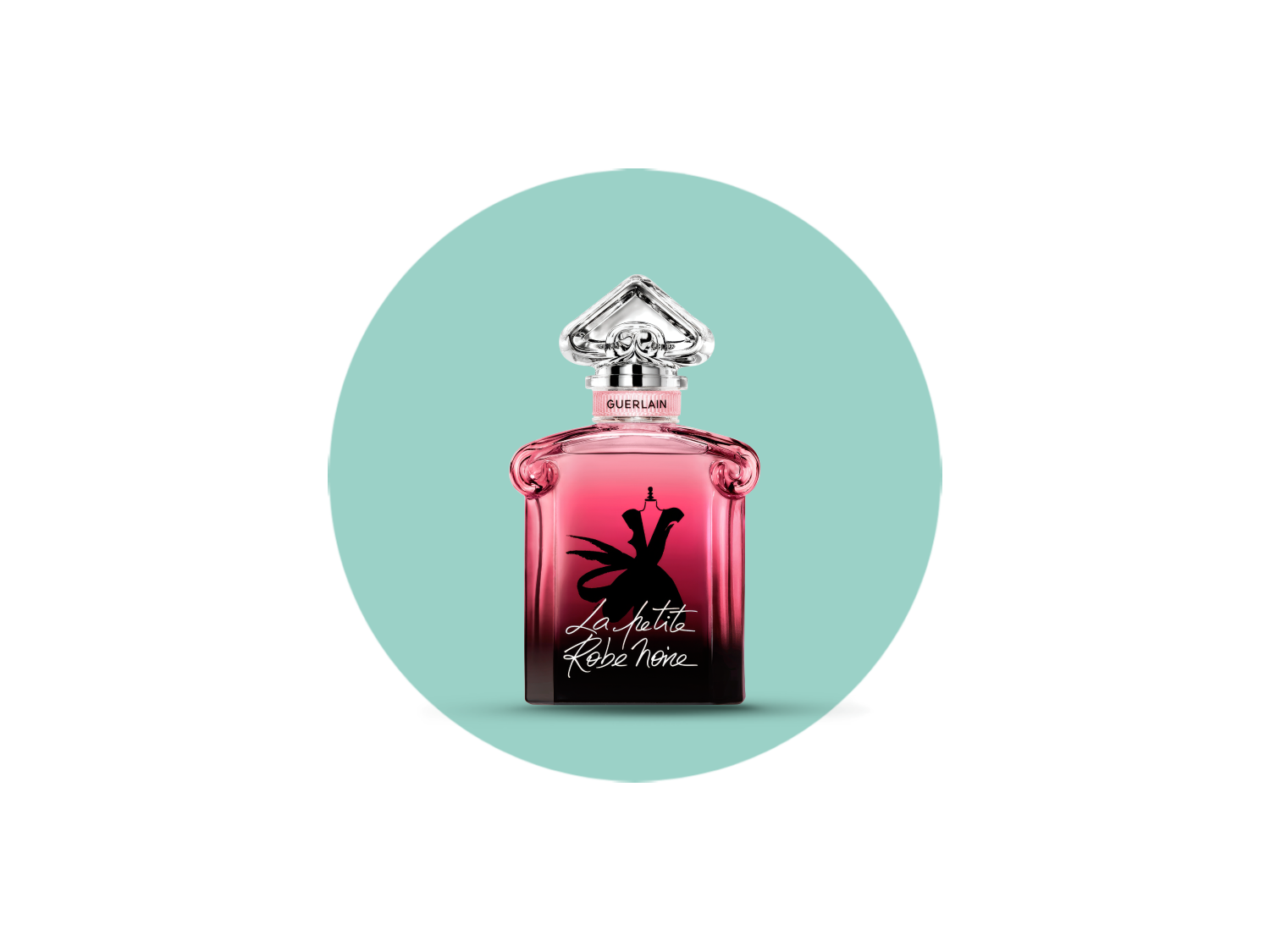 Perfumy La Petite Robe Noire od Guerlain w eleganckiej butelce z różowym gradientem i czarną sylwetką sukienki, zwieńczonej przezroczystym korkiem.