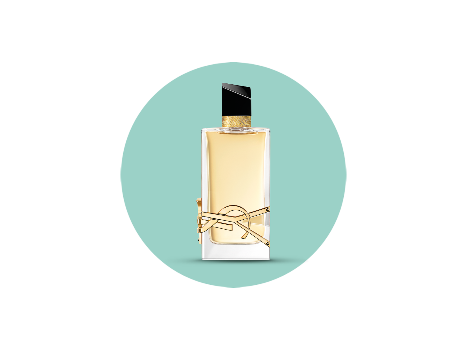 Flakon perfum Yves Saint Laurent Libre o pojemności 50 ml, z przezroczystego szkła, wypełniony bursztynowym płynem, z czarną asymetryczną nakrętką i złotym logo YSL owiniętym wokół butelki.