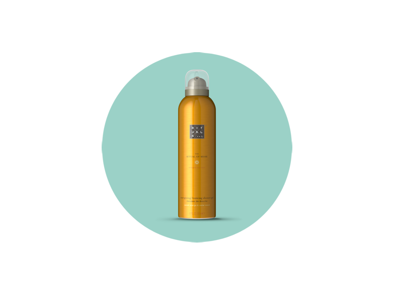Pianka pod prysznic Rituals The Ritual of Mehr w pomarańczowej butelce z białym dozownikiem, z napisem energising foaming shower gel sweet orange & cedar wood.