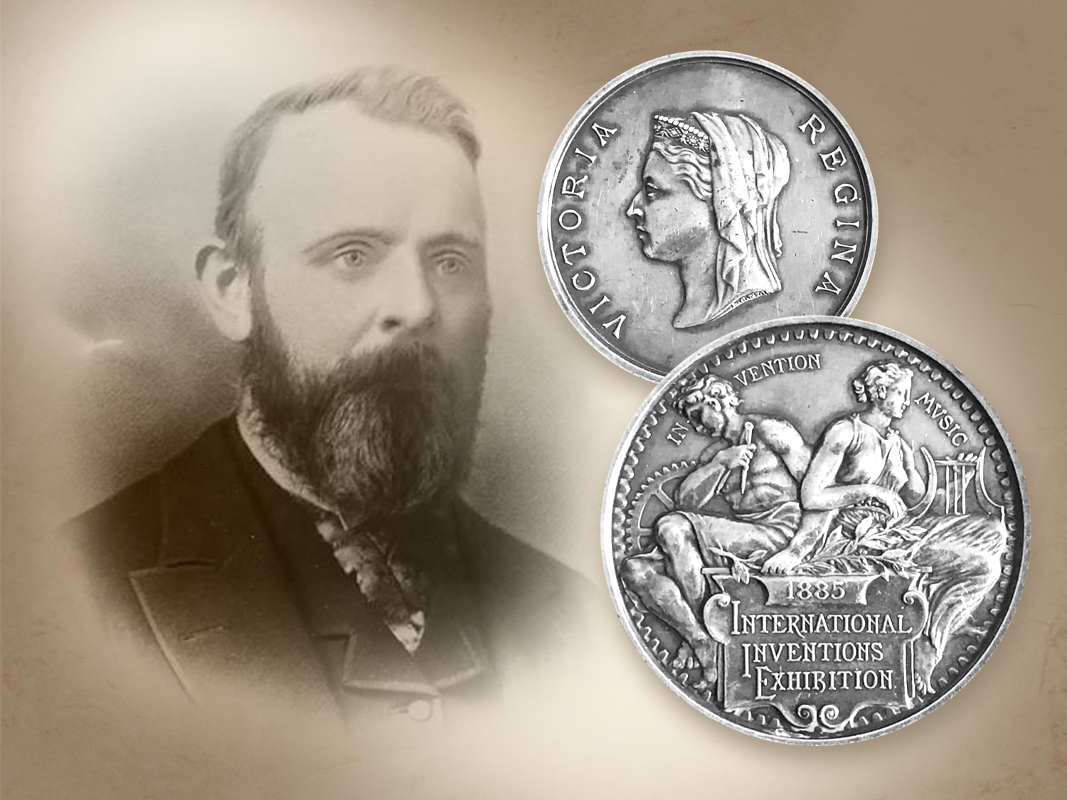 Portret brodatego mężczyzny w garniturze, obok dwie srebrne monety, jedna z profilem królowej Wiktorii, a druga z napisem "1885 International Inventions Exhibition".