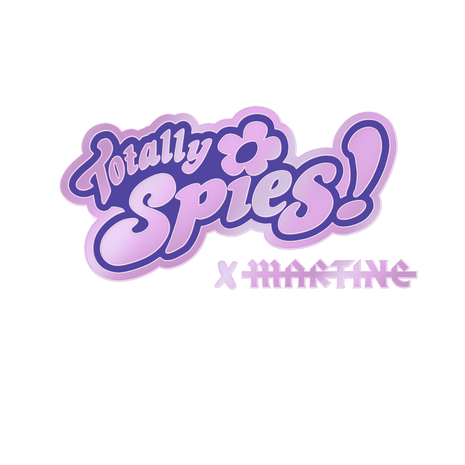 Le logo "Totally Spies! x Martine" est présenté dans des tons de violet et de rose, avec des lettres stylisées et une fleur, évoquant une collaboration ludique et féminine.
