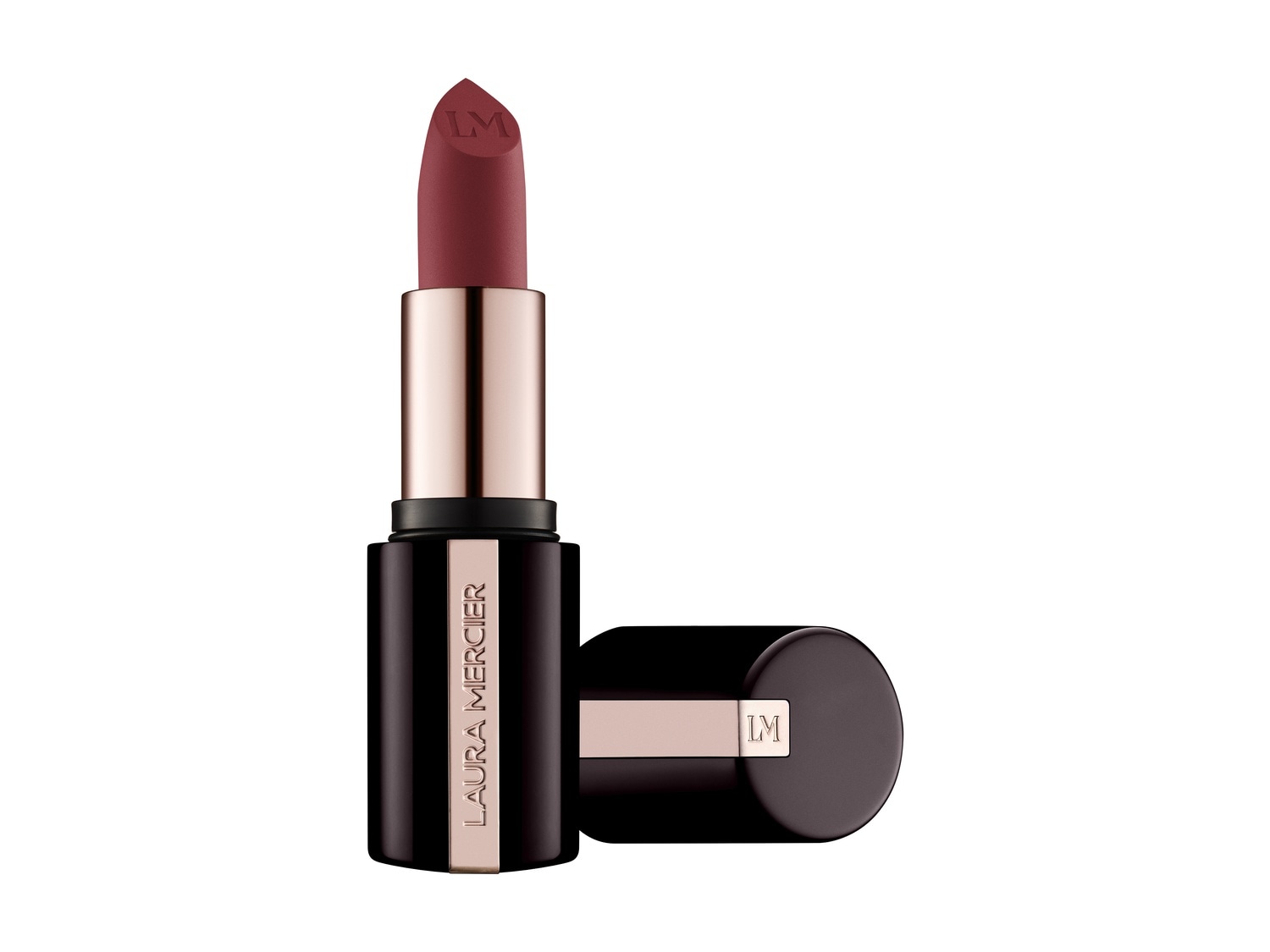 Szminka Laura Mercier w odcieniu głębokiej czerwieni, z logo LM na sztyfcie, w eleganckim, czarno-złotym opakowaniu.
