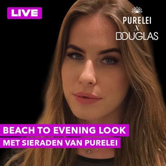 Een close-up van een vrouw met lang bruin haar, met de tekst 'Beach to Evening Look met sieraden van PURELEI', ideaal voor een avondje uit na een dag op het strand.