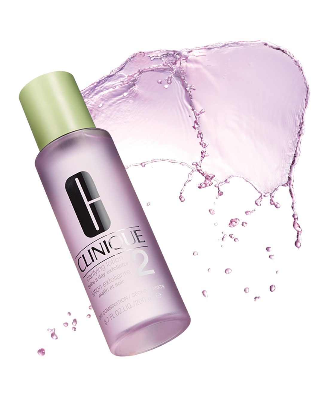 Butelka Clinique Clarifying Lotion 2 z zieloną nakrętką na tle rozprysku wody, produkt do dwukrotnego złuszczania skóry w ciągu dnia.